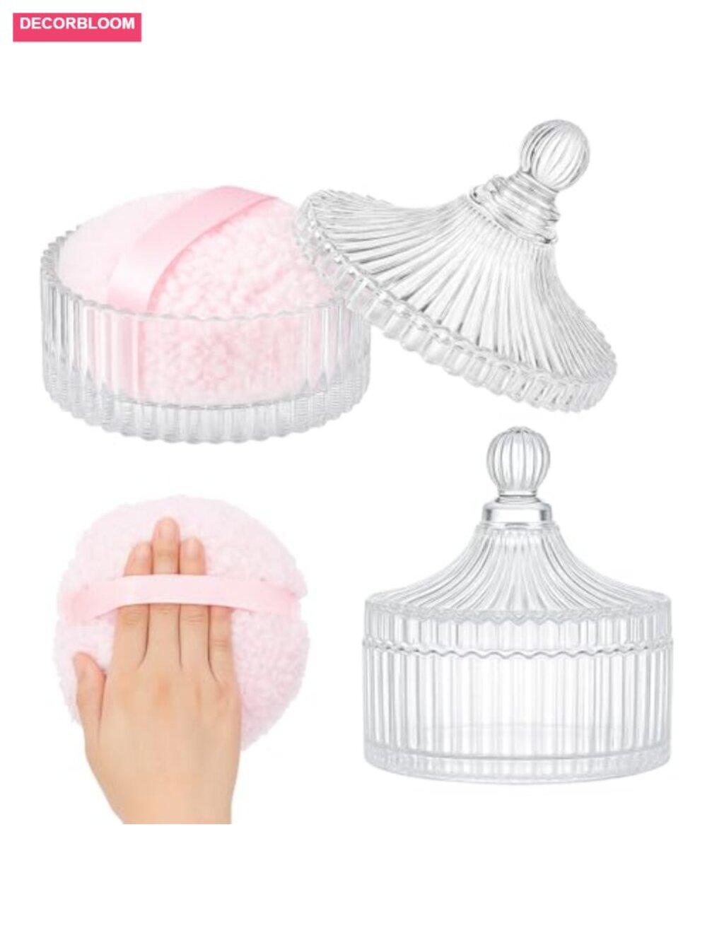 Extra Large Body Powder Puff and Glass Container Set, Soft Reusable Velour, 6